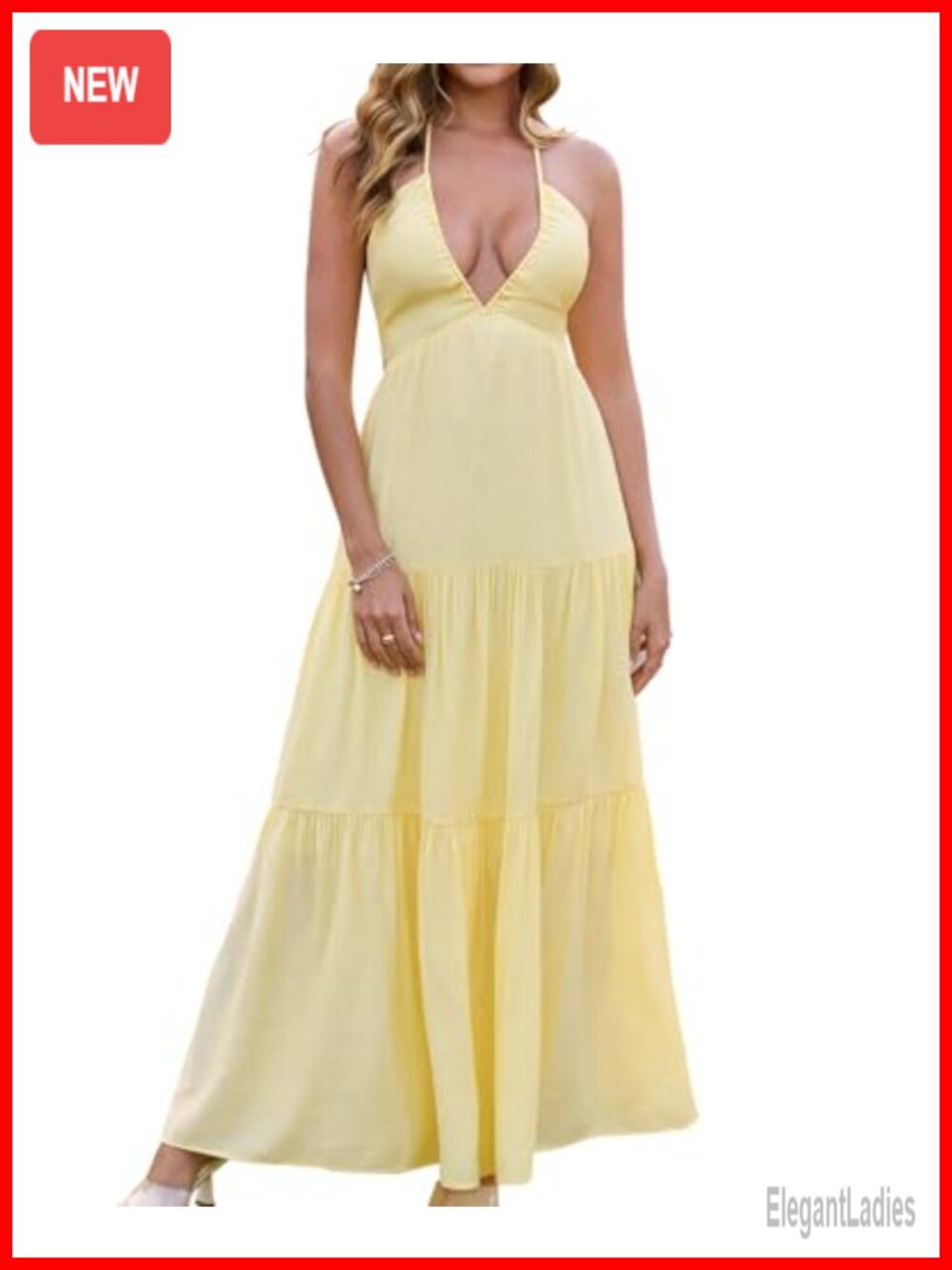 GLNEGE Halter V-Neck Backless A-Line Maxi Dress Sleeveless Summer Wedding Guest